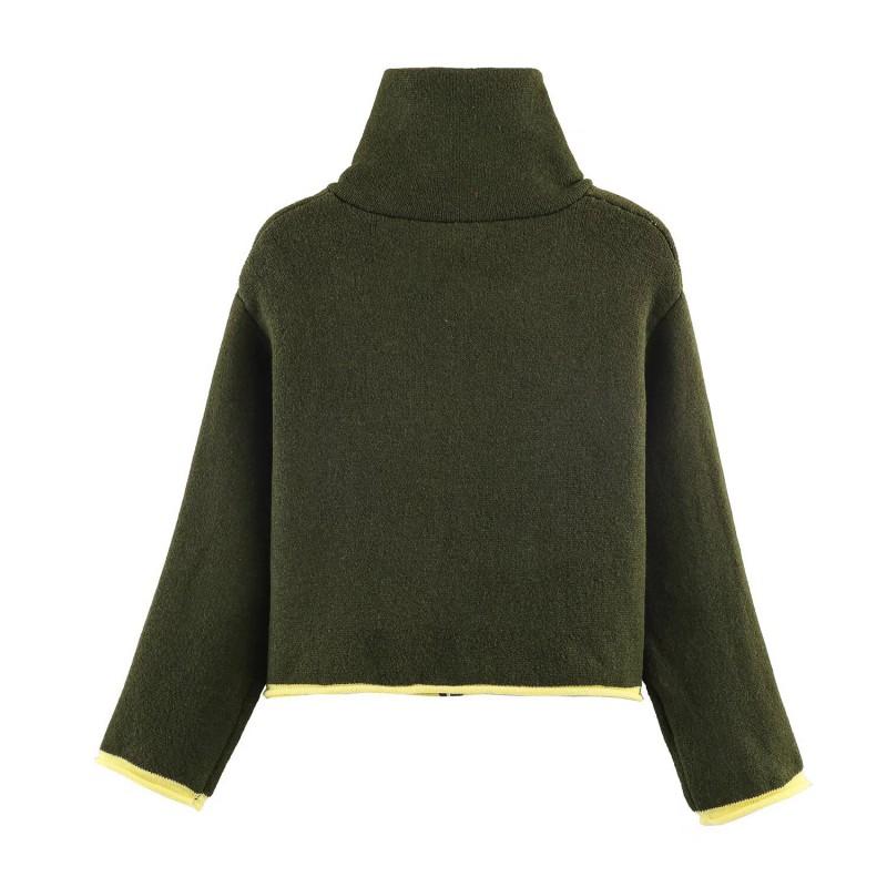 Knitted Bomber Jacket Color Block Casual Cardigan Stand Collar Zip Up Loose Fit Men Women