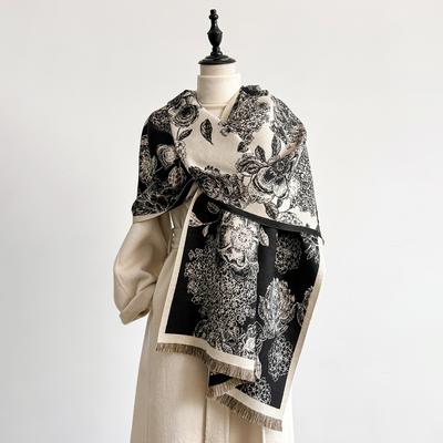 Elegant Floral Jacquard Pashmina Shawl For Women Winter Thick Warm Double Sided Tassel Design Coldproof Windproof Blanket Scarf