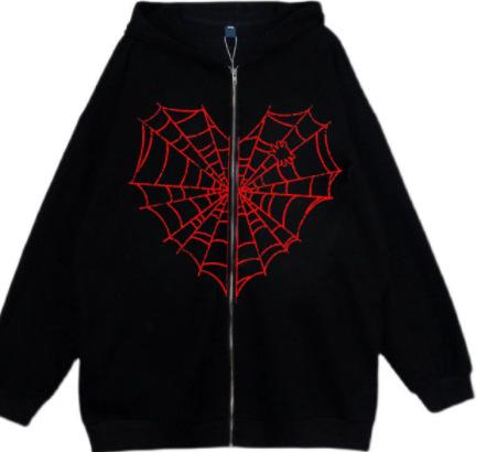 Colored Spider Web Street Hip Hop Gothic Harajuku Y2k Black Zipper Hoodie Women, Harajuku Jacket Sweater Women