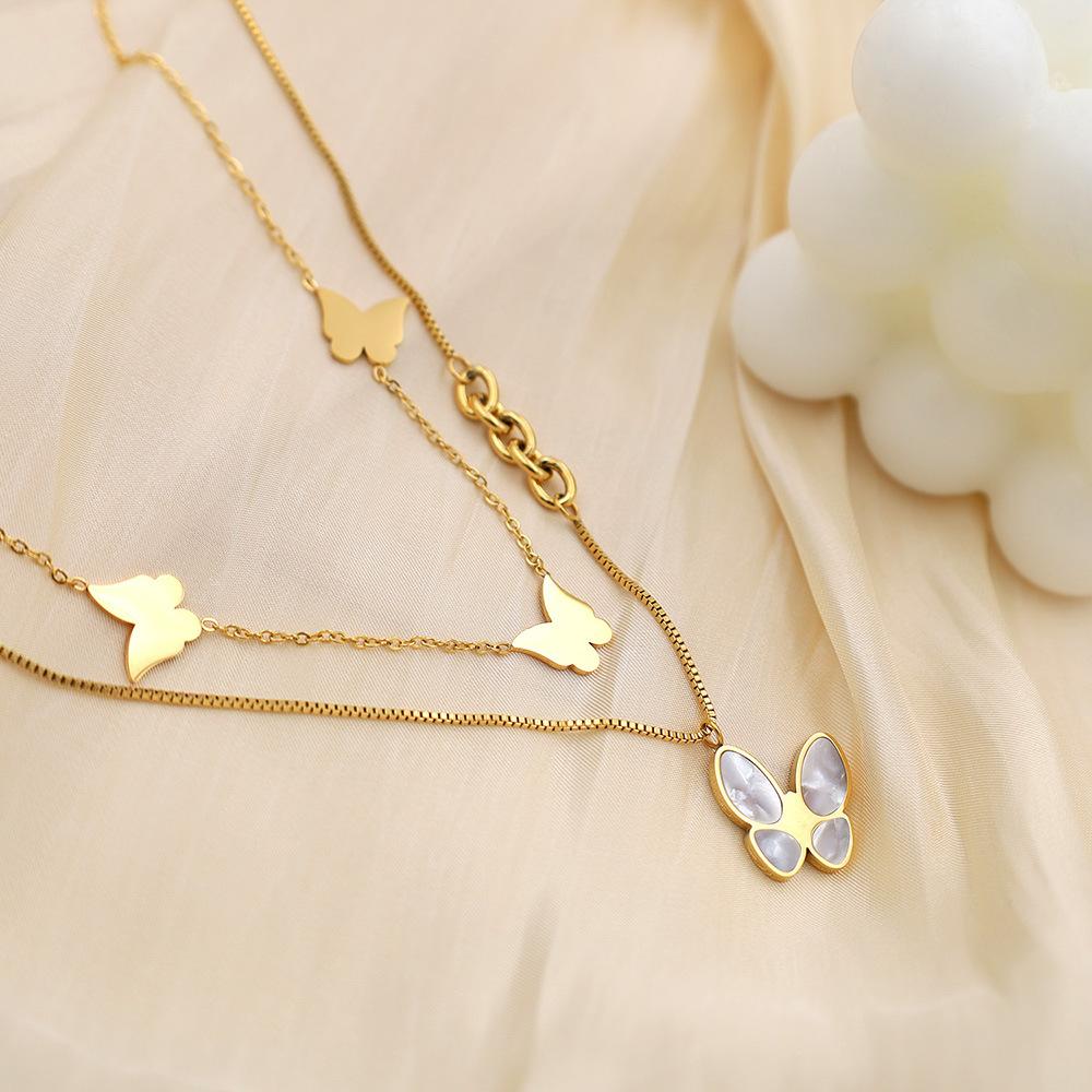 Fashion Light Luxury 18K Gold Fritillary Butterfly Pendant Necklace Women'S High-End Titanium Steel Double-Layer Stacked Collarbone Chain