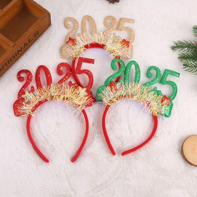 Sequin 2025 Happy New Year Headband Letter Plastic Christmas Headpiece Photographic Headwear Decorative Glasses