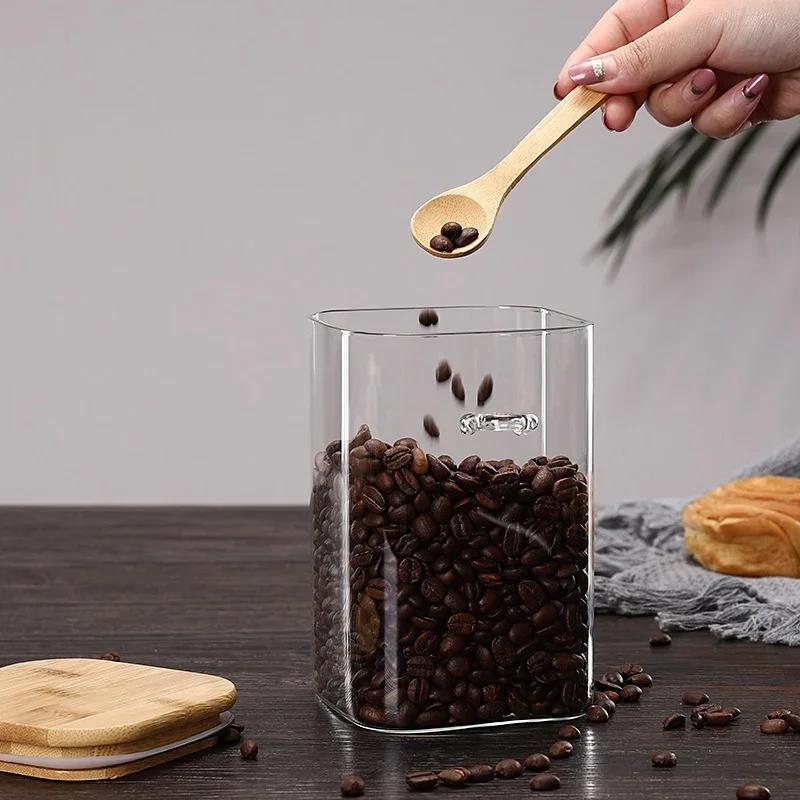 1000/1200/1500mL Square Sealed Glass Storage Jar with Spoon and Bamboo Lid Coffee Bean Grain Seasoning Food Storage Containers