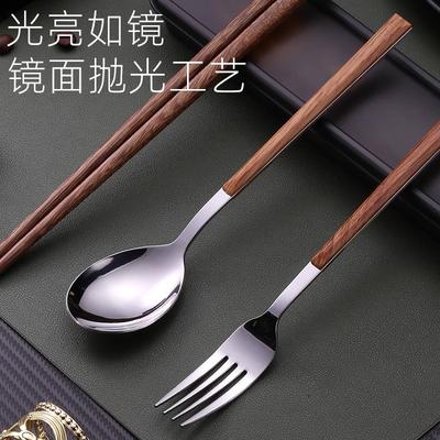 Stainless Steel Portable Tableware Wooden Chopsticks Spoon Fork Set Student Outdoor Picnic Convenience Box Three-piece Set