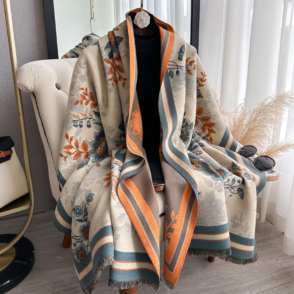 Elegant Flowers Jacquard Pashmina Imitation Cashmere Scarf Winter Thick Warmth Two-Sided Shawl Coldproof Windproof Blanket Scarf