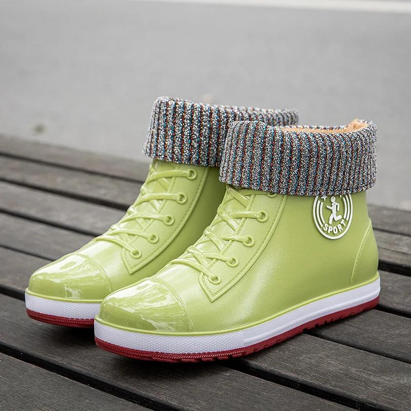 Fashion Plush Rain Boots Women Fur Lined Rainshoes Woman Soft Ankle Boot Galoshes Ladies Rainy Work Shoes Female Green Booties 2024