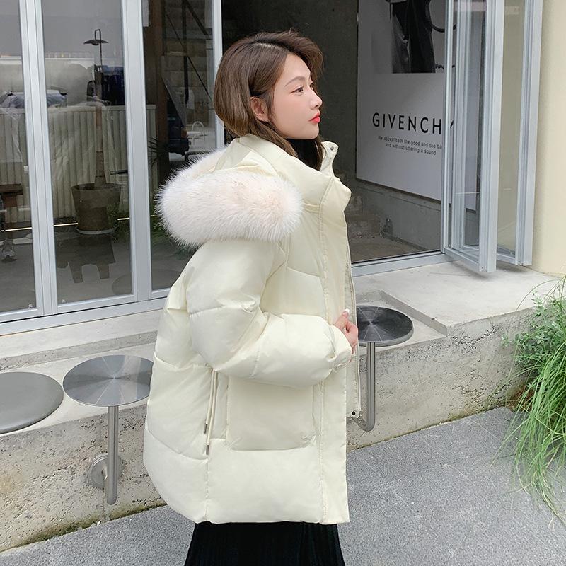 

Одежда с пуховой хлопковой подкладкой, женская, средней и длинной длины, 2025 г., новый большой меховой воротник, корейская версия, свободная и тонкая, модная, утолщенная одежда с хлопковой подкладкой XL бежевый