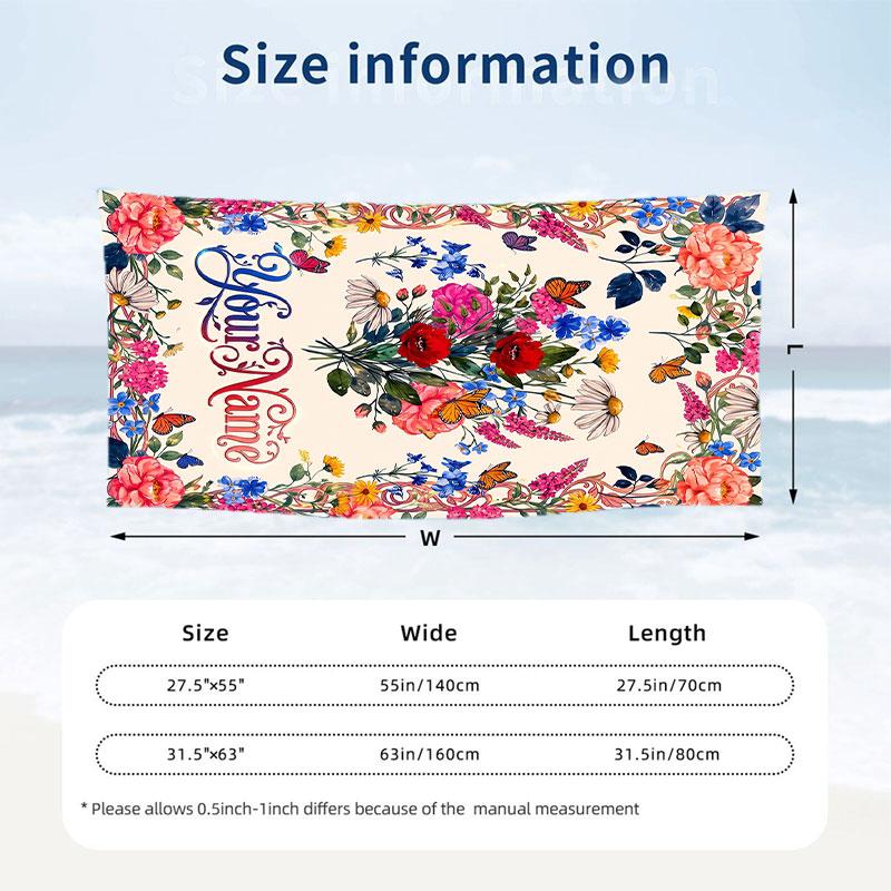 Floral Birds Theme Quick Dry Beach Towel Custom Name Text Print Large Sand Resistant Towel Beach Vacation