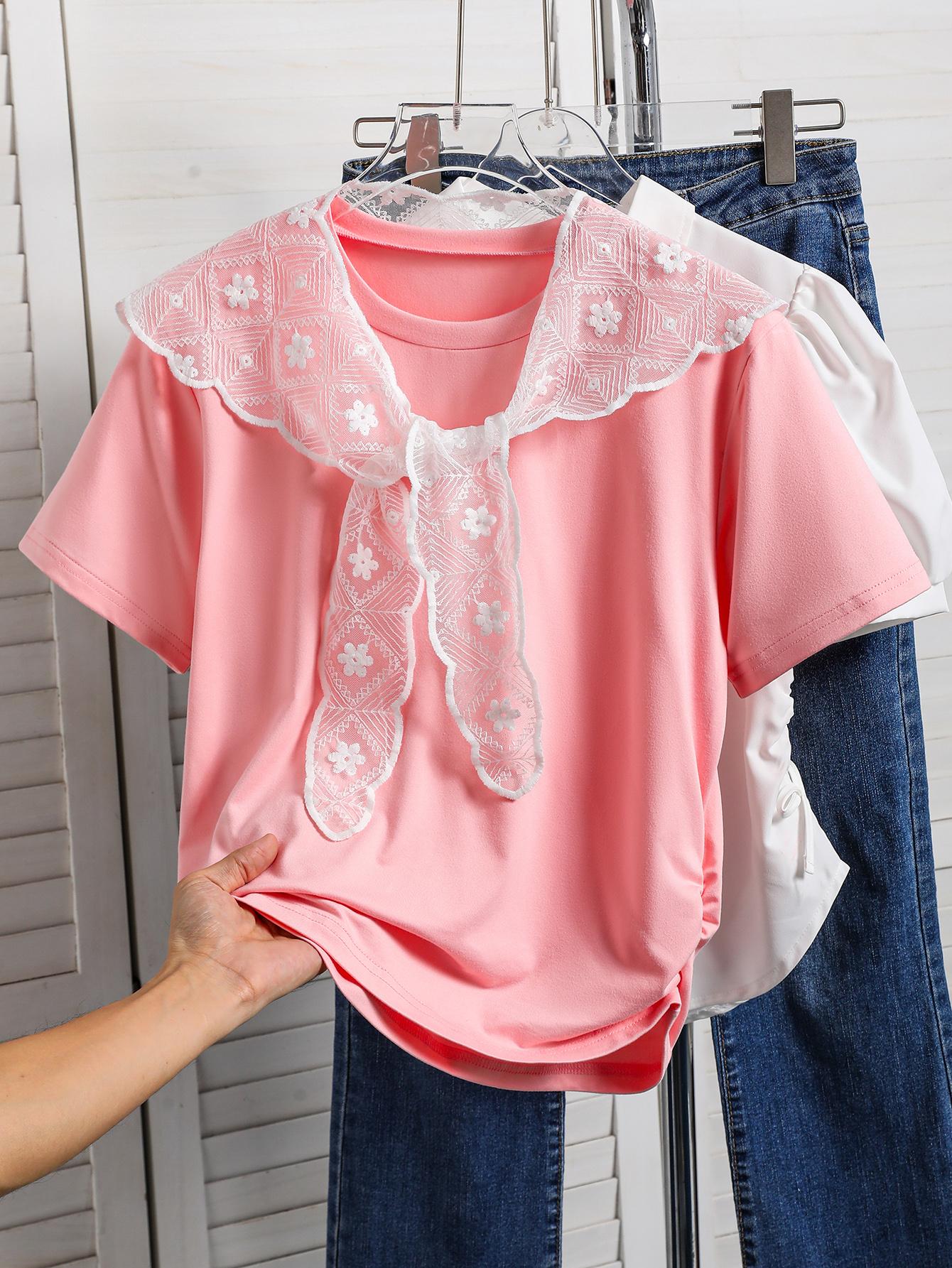 

Two-piece girls casual, gentle, and preppy style set with lace shawl, slim fit, short-sleeved T-shirt and top, perfect for spring and summer. 8Y розовый