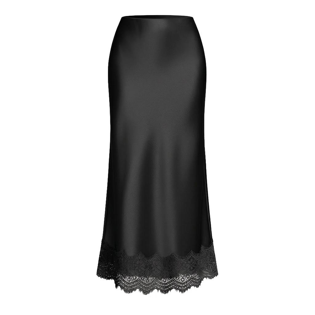 Women's Midi Skirt with Lace Hem Beige Straight Cut Satin Feel Casual Skirt