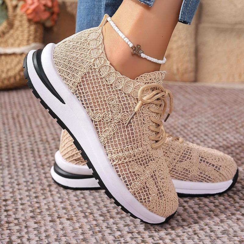 Spring New Comfortable Sneakers Round Toe Embroidered Lace-Up Front Mesh Breathable Non-Slip Flat Sneakers