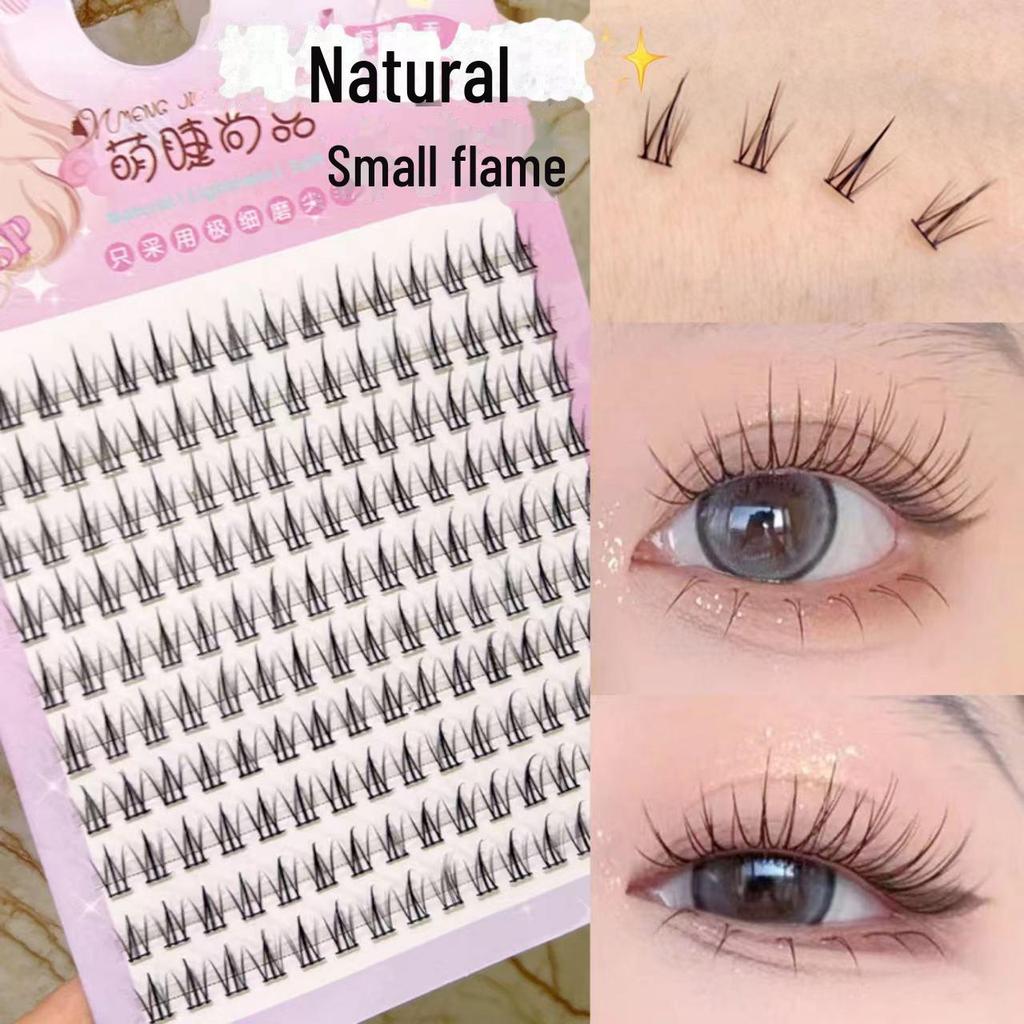 Mengji Shangpin Mini Flame Lash Extensions - Black Stem, 10 Rows, Natural Curling, Segmented Comic Style