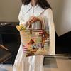 Vintage Striped Dachshund Handwoven Vegetable Basket Handbag Women's Large Capacity Commuter Bag Handheld Bucket Bag