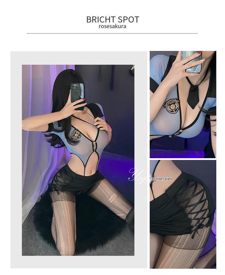 Night Piano Women's Sexy Police Uniform & Flight Attendant Lingerie Set - Cutout Bodysuit with Hip-Hugging Skirt, Style 7361.