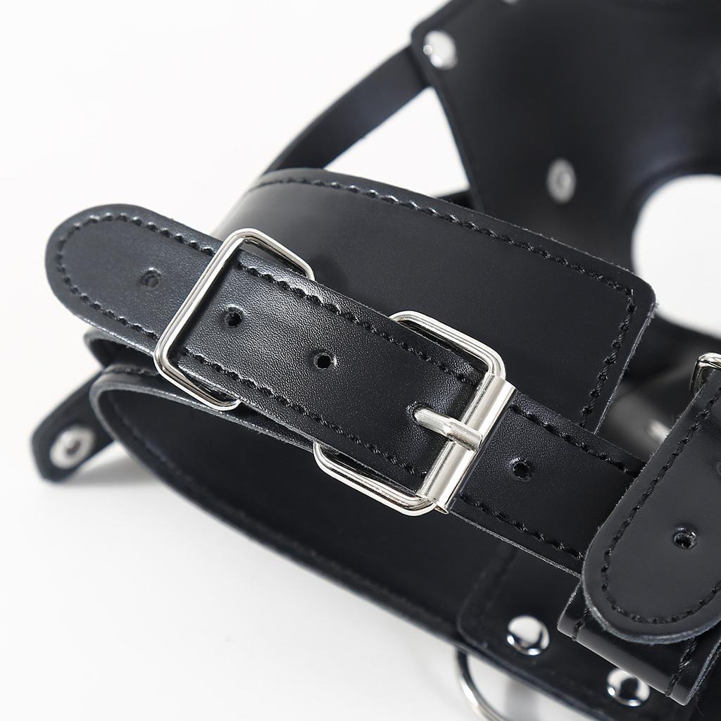 BDSM PU Leather Head Harness Hood with Silicone Dildo Mouth Gag Slave Bondage Mask Collar Fetish Role Play Gear Adult Sex Toys