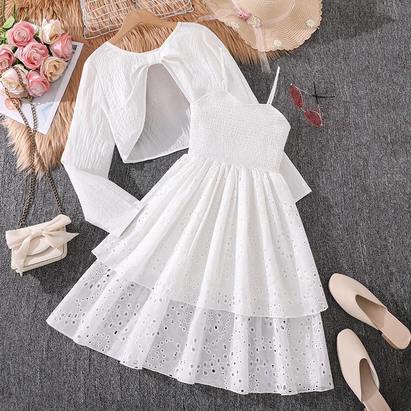 

Набор: Сладкий кардиган с длинным рукавом и платье-майка с вырезами для европейских и американских девочек, 2025 130cm белый