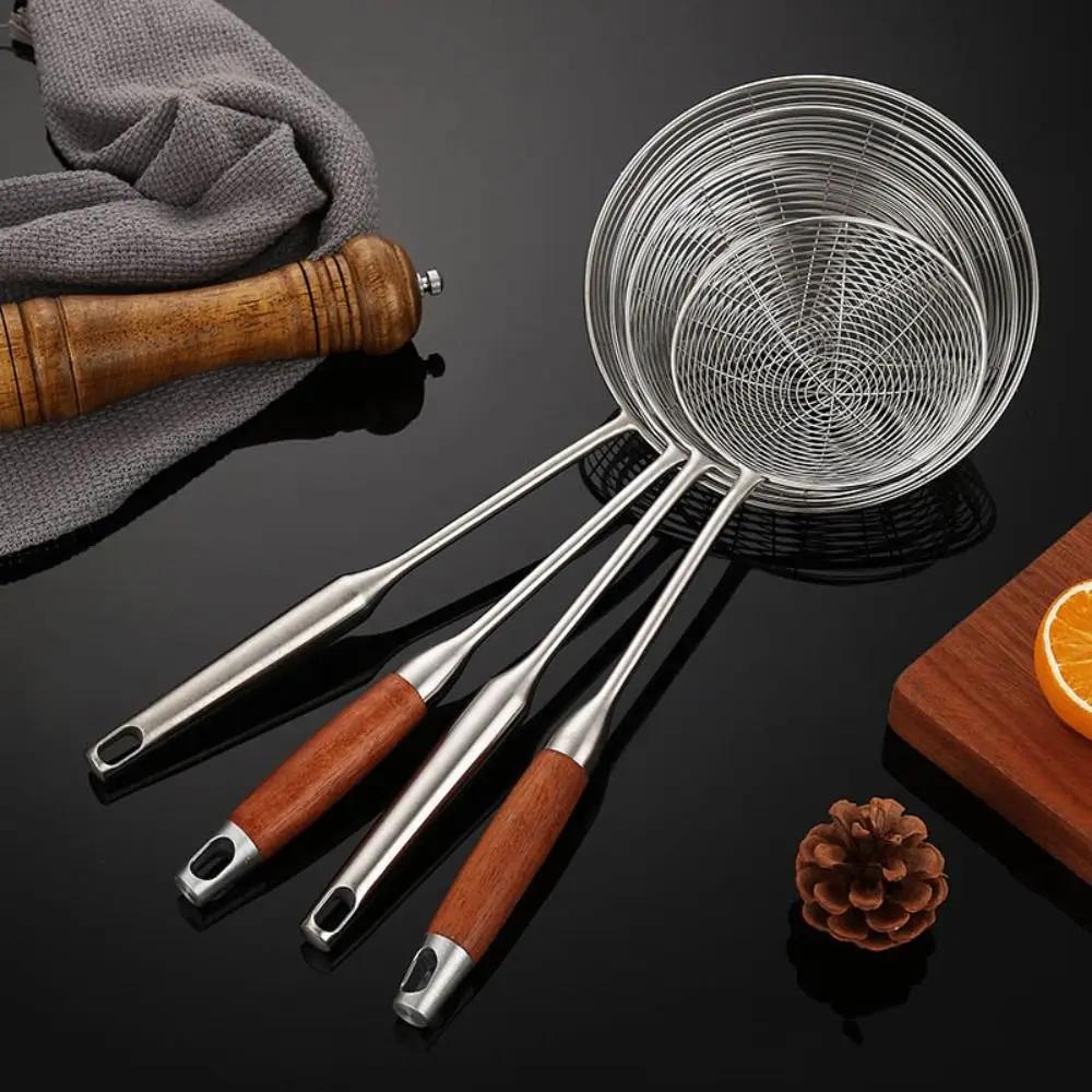 Stainless Steel Large Colander Anti Scalding Wooden Handle Fried Sieve Spoon Heat Resistant High Quality Foods Sifter