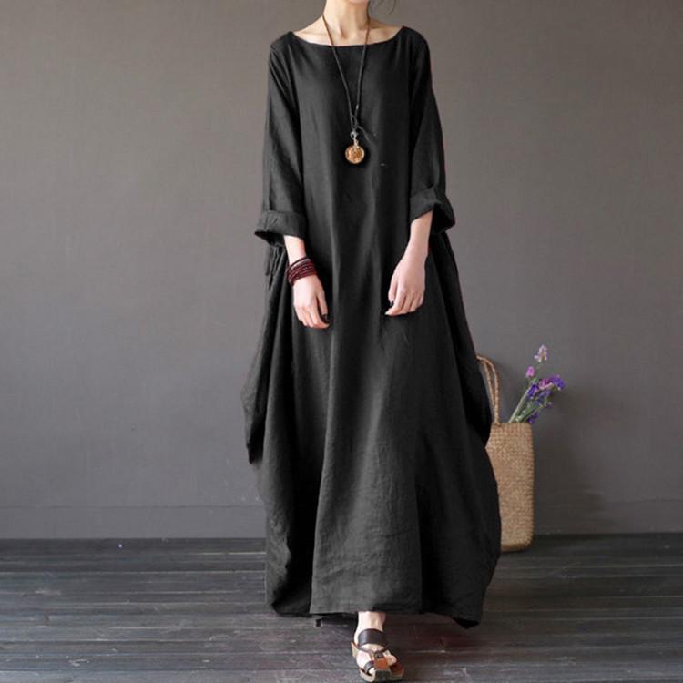 2024 European & American Style Women's Loose Round Neck Mid-Sleeve Long Skirt