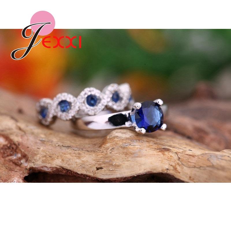 New Blue Cubic Zirconia Bridal Wedding Ring Sets For Women Fashion Bands 925 Sterling Silver Engagement Promise Ring Set