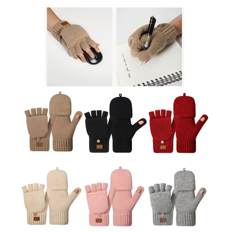Women Half Finger Winter Gloves Thickened  Insulated Windproof Knit Design With Double Fleece Lining For Cold Weather