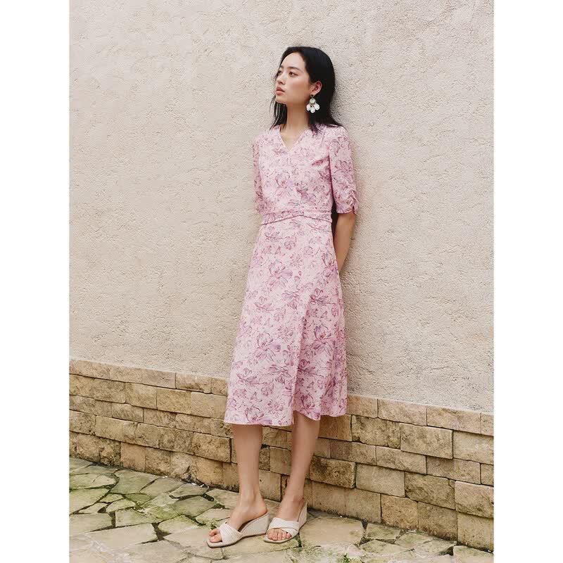 Jiu Zi Women's Elegant Textured Seven-Sleeve Dress