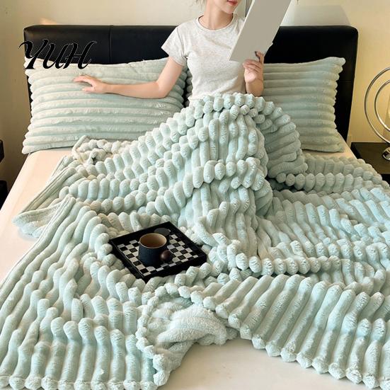 Portable Office Nap Blanket Striped Fleece for Bed, Ribbed Throw Couch, Warm Faux Rabbit Fur Soft Breathable Cozy Bed Blankets, Lightweight