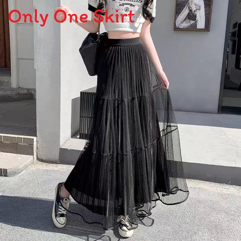 Gonna Lunga in Rete di Misto Cotone con Pieghe per l'Estate Casual da Donna