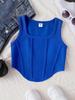 Girls' Summer Fishbone Waist-Cinched Cropped Top, Square Neck Slim Sleeveless Vest
