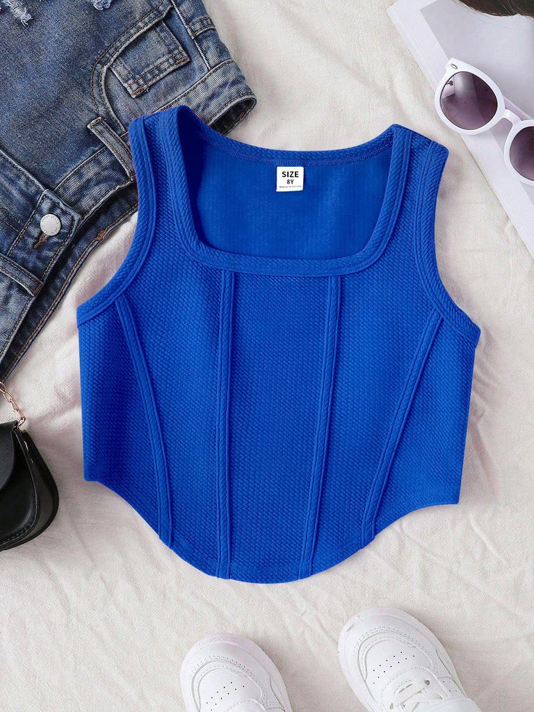 Girls' Summer Fishbone Waist-Cinched Cropped Top, Square Neck Slim Sleeveless Vest