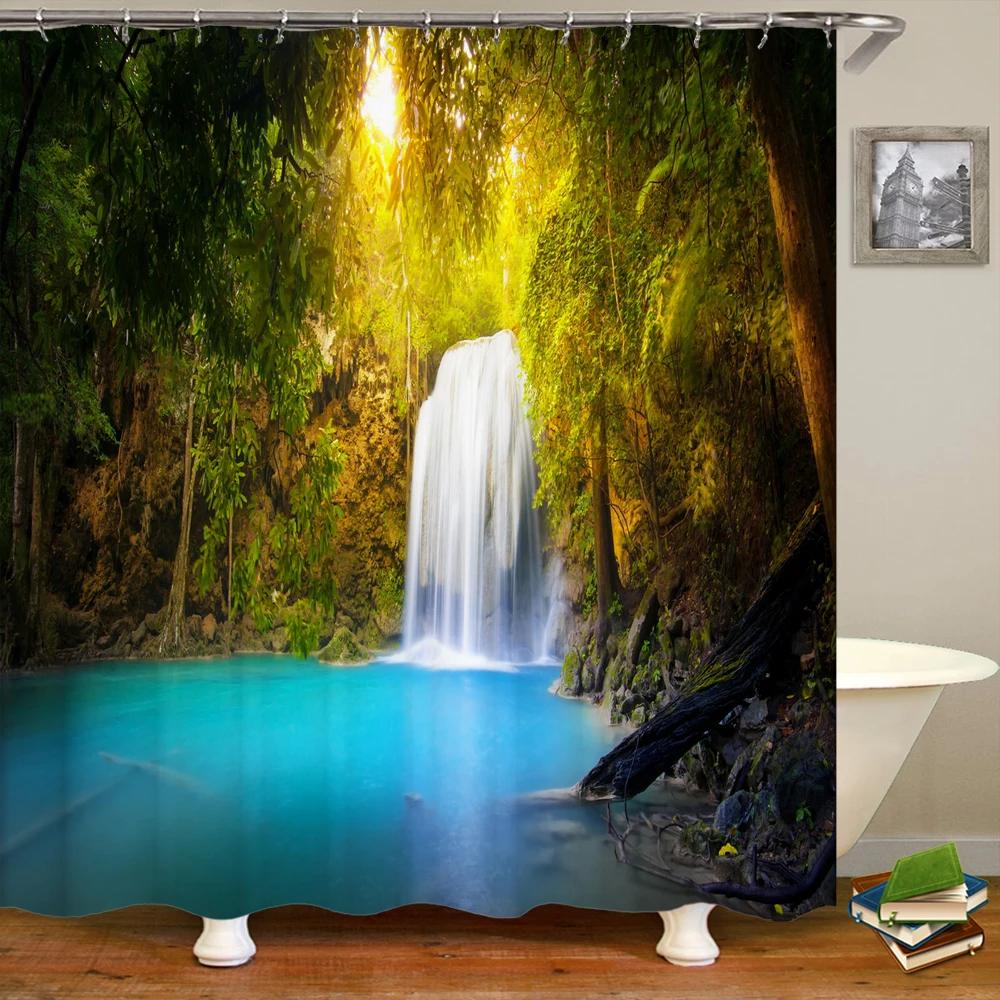 

Waterfall Scenery Shower Curtain Bathroom Waterproof Polyester Fabric Natural Forest landscape Printing Bath Curtain With Hook W90xH180cm