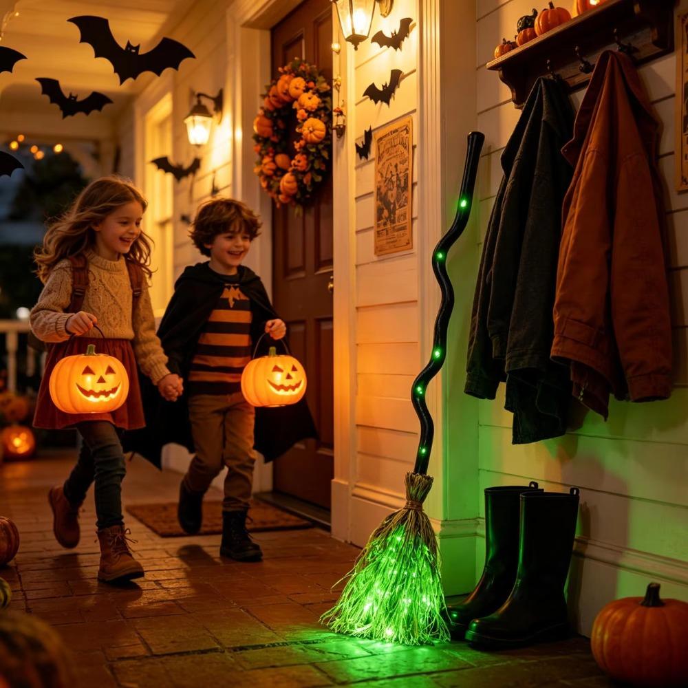 Bendable Stick Animated Dancing Witch Broom Glowing Halloween Party Broom Prop Indoor
