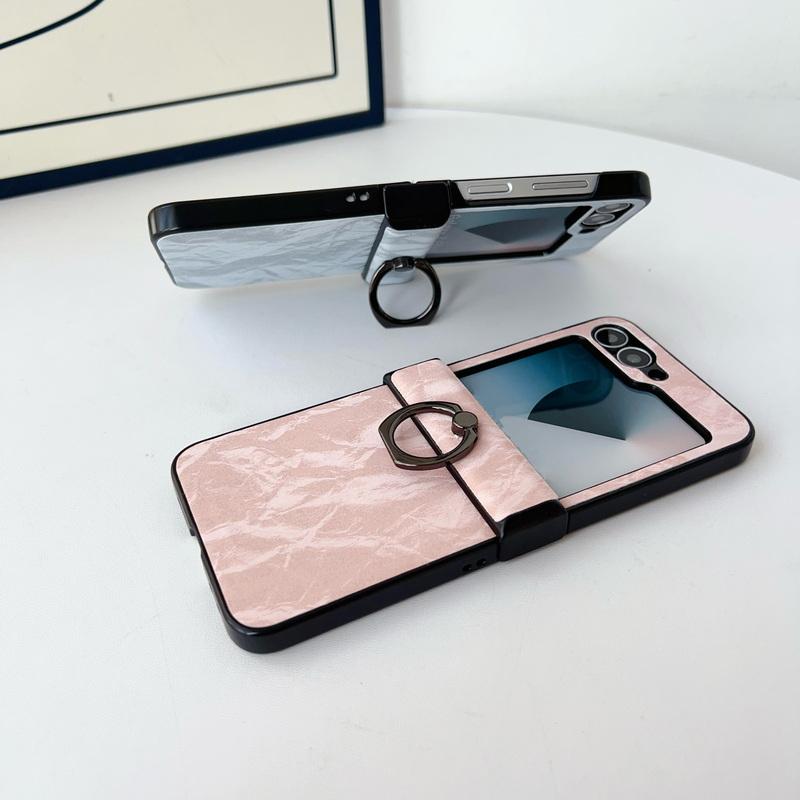 Vintage Marble Texture 2pcs Folding Case For Samsung Galaxy Z Flip6 Flip5 Flip4 Flip3 Solid Color Slim Shockproof Hard PC Ring Holder Phone Cover