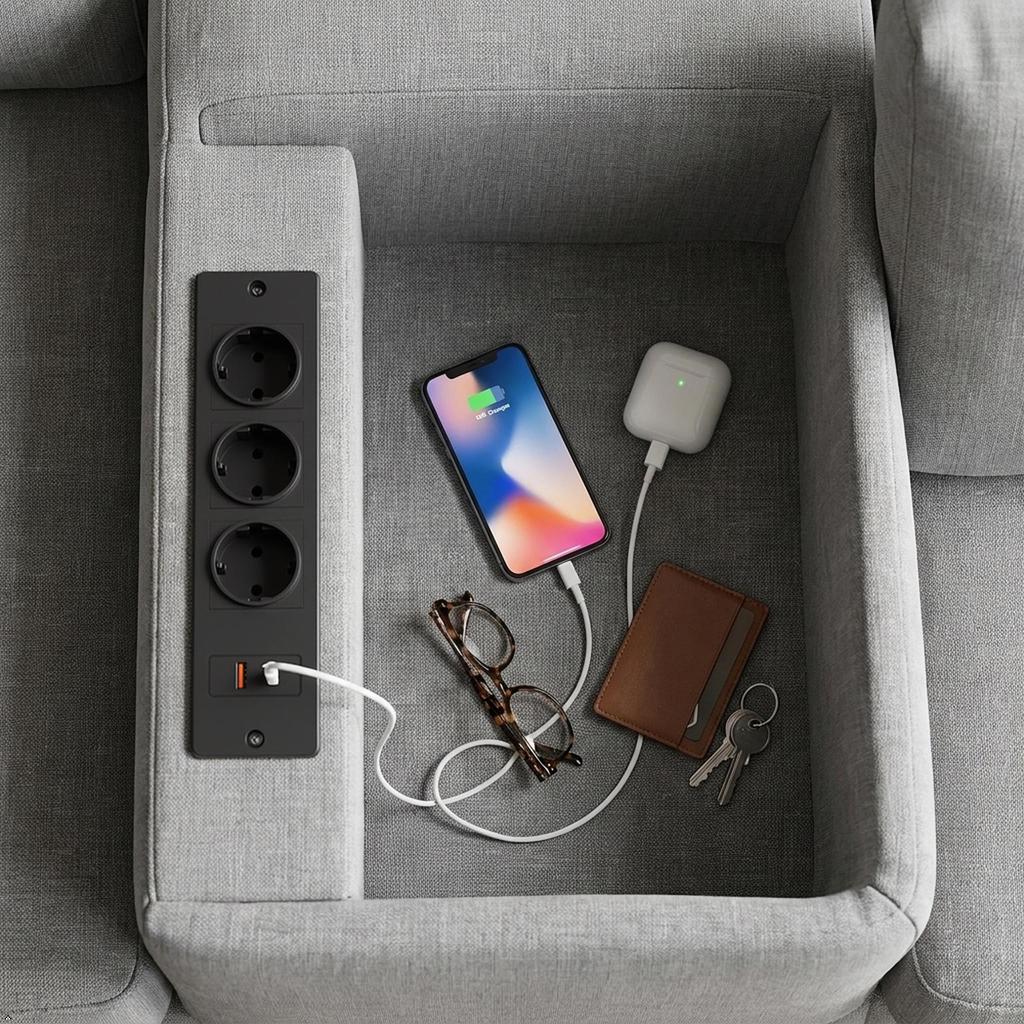 Recessed Power Strip 3 AC Outlets Fast‑Charge USB‑A USB‑C Built‑in Socket Desktop Power Hub for Desk Cabinet Conference Table