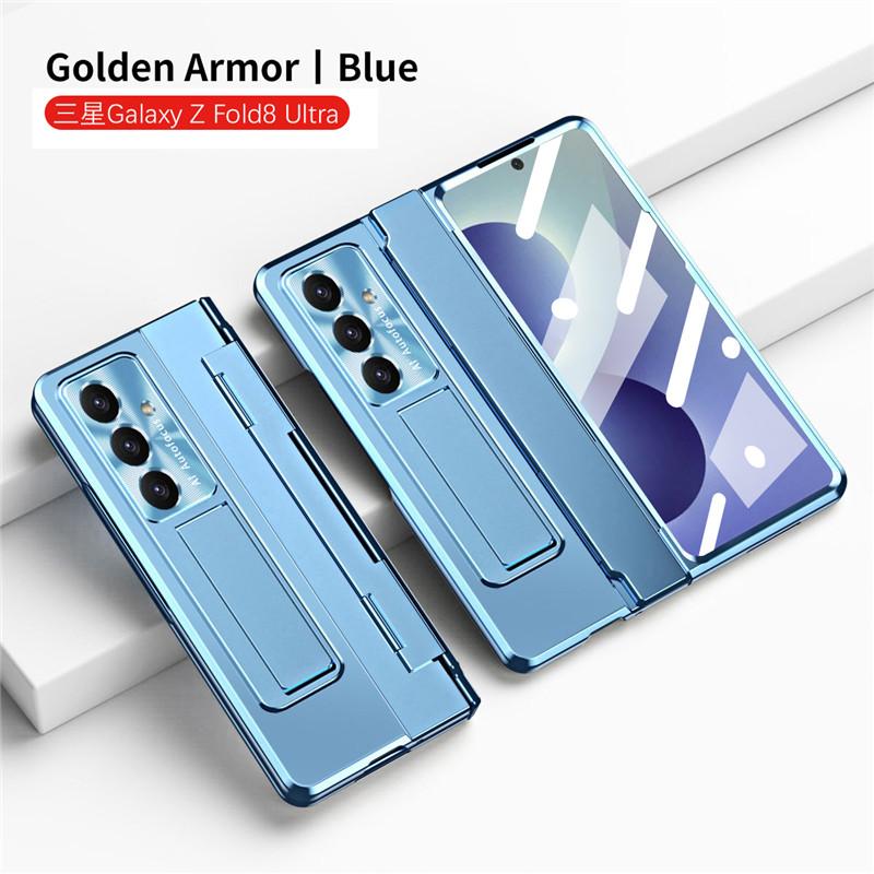 Plating with Glass Film Hinge Protection Case for Samsung Galaxy Z Fold 8 Ultra 7 6 5 4 3 Fold8 5G Bracket Holder Stand Cover