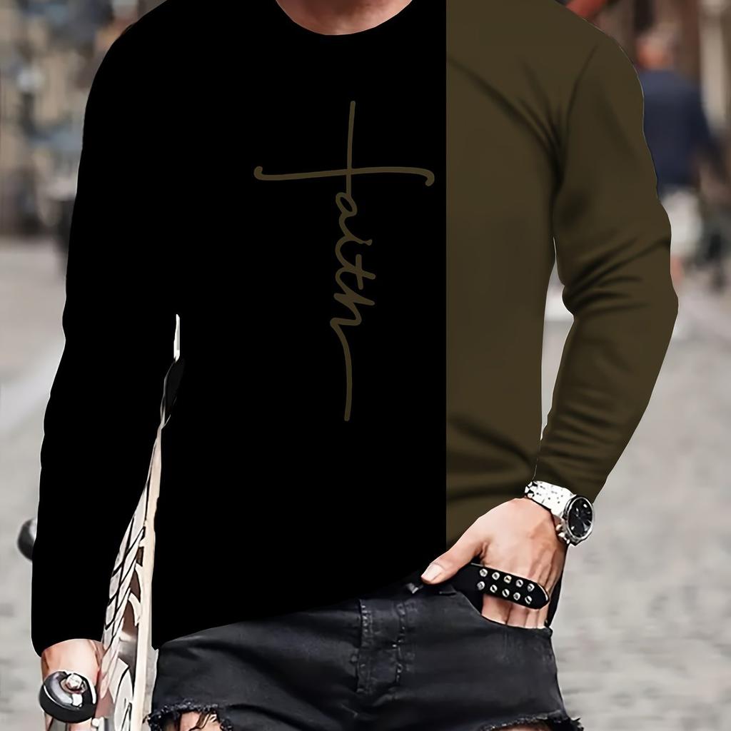 Men Chic Graffiti Print Crew Neck Long Sleeve T-Shirt Letter Design Contrast Color Casual Outdoors Sports Wear Spring Fashion