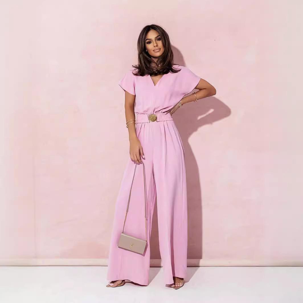 

Женский однотонный повседневный комбинезон с V-образным вырезом и короткими рукавами 2XL розовый