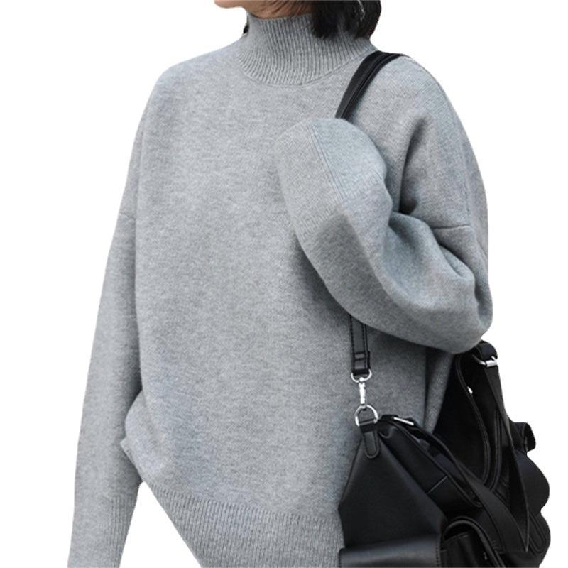 Pulover Gros cu Guler Mediu Înalt pentru Femei, Pulover Tricotat de Bază Larg pentru Toamnă și Iarnă