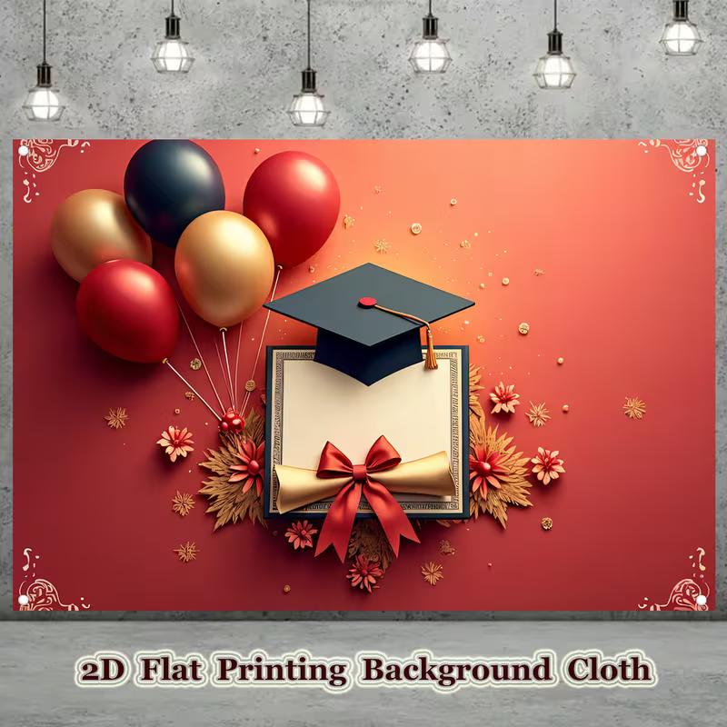 2D Red Graduation Banner with Balloons & Cap for College & High School Grad Party Decor