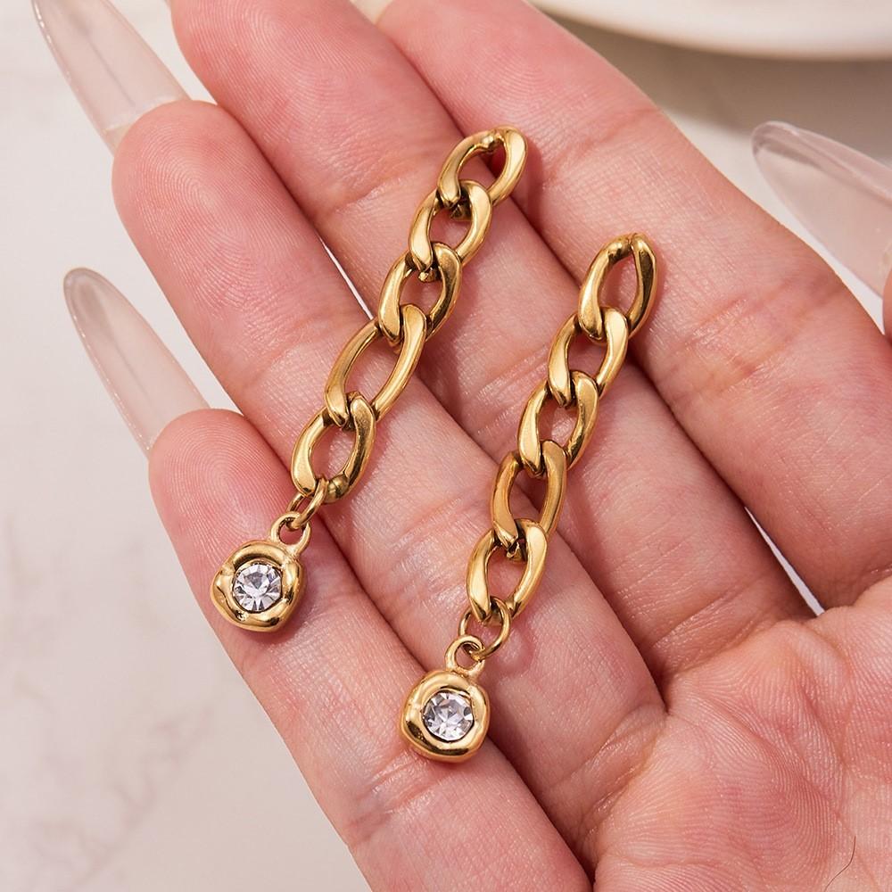Chain Dangle Earrings In Stainless Steel 18K Gold Plated Ear Studs With Zircon Pendant Statement CZ Charm Stud Earring for Women