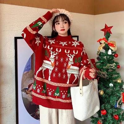 Damen O-Ausschnitt Weihnachten Schneeflocken Elch Rot Blau Pullover Herbst Winter Casual Langarm Lose Gestrickte Tops