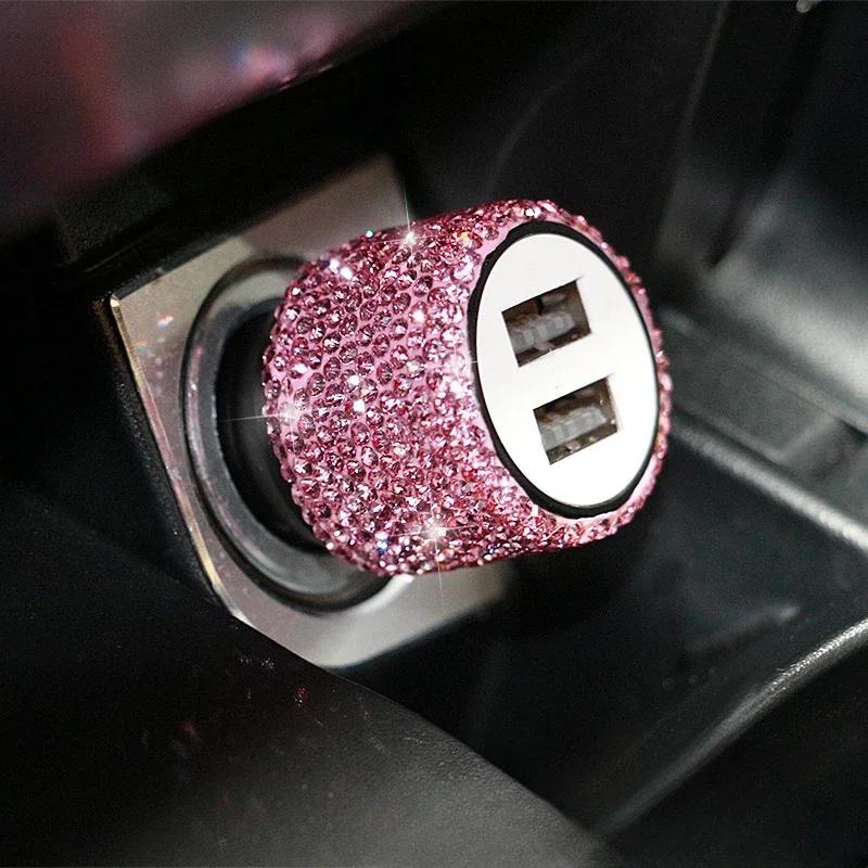 

USB Car Charger Pink Crystal Diamond 5V 2.1A Dual Port Fast Charging Adapter 3 in 1 Charging Cable for IPhone Samsung Huawei