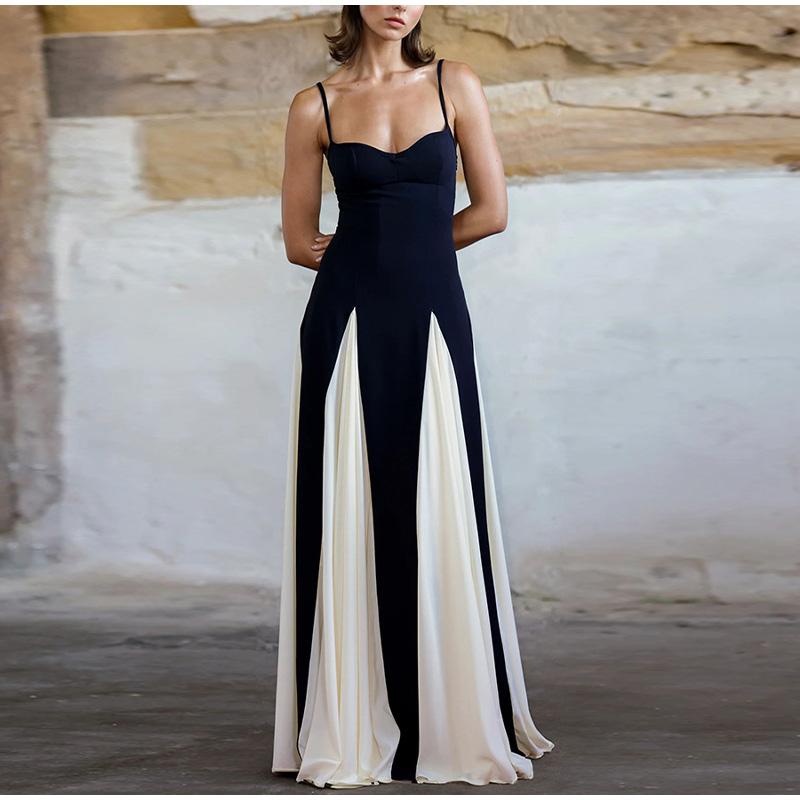 Fashion Contrasting Color Spaghetti Strap Dress for Women Elegant Gauze Backless A-line Long Dresses New Lady Party Evening Dresses