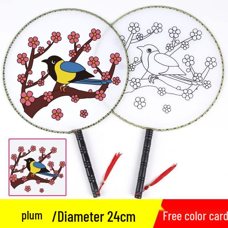 DIY Children's Silk Cloth Round Fan with Bamboo Handle - Palace Style Hand-Painted Kindergarten Craft