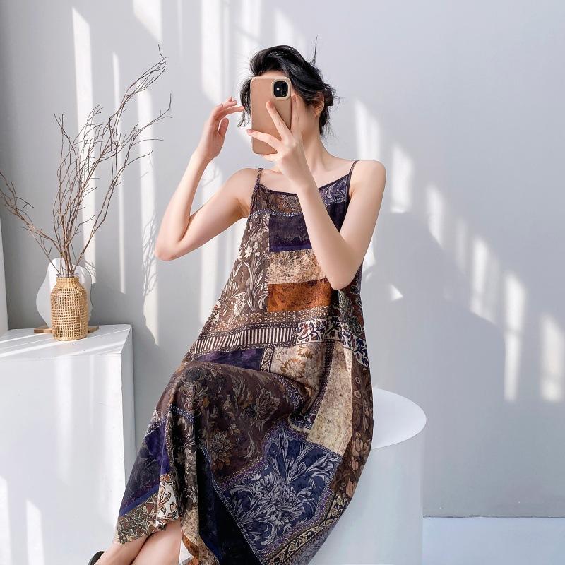 Suspender small fresh cotton and silk nightdress women's summer thin sleeveless lazy style loungewear high-end sense holiday dress
