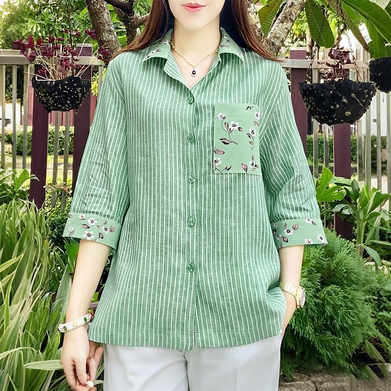 

ZANZEA Женская повседневная блузка в полоску с отложным воротником и рукавами 3/4 3XL зелёный