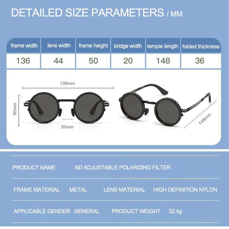 SHAUNA Full-folding Light-reducing Metal Punk ND9-level Adjustable Dimming Round Polarized Sunglasses UV400 With Case