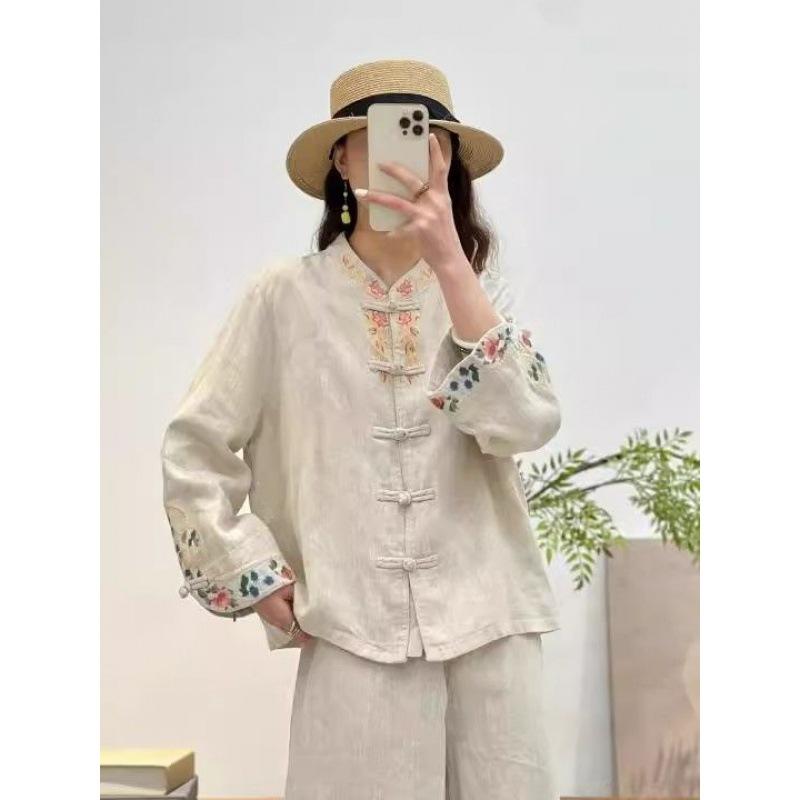 Lente Herfst Retro Etnische Stijl Borduurwerk Enkele Rij Schijfgesp Effen Kleur Kleine Blouse Top