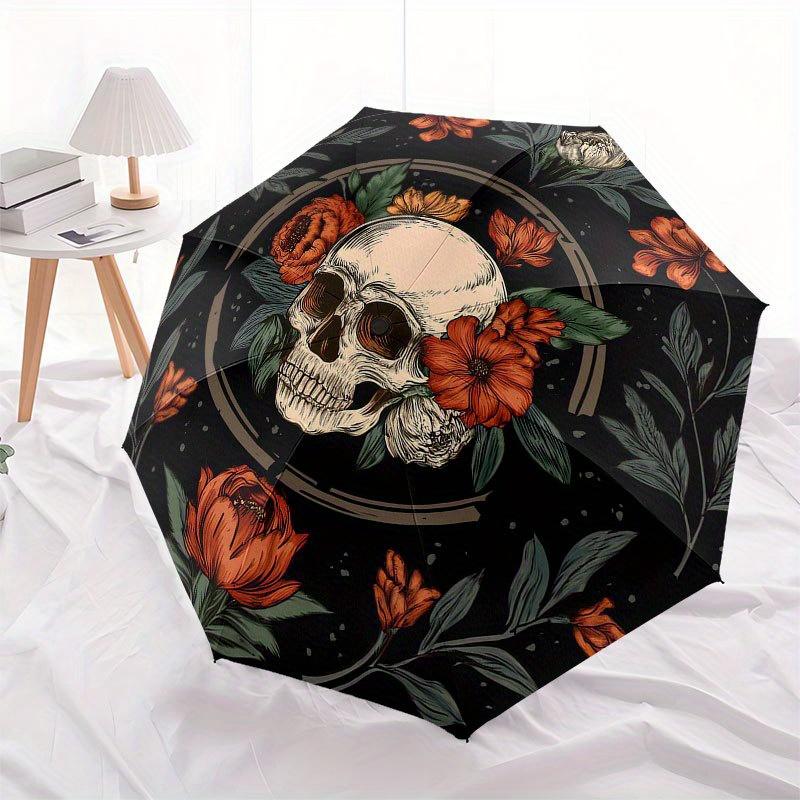Day of the Dead Skull & Flowers Circular Wall ArtUmbrella with Cute Design, Portable 3-Fold Compact Umbrella for Men & Women, Valentine's Day Mother's