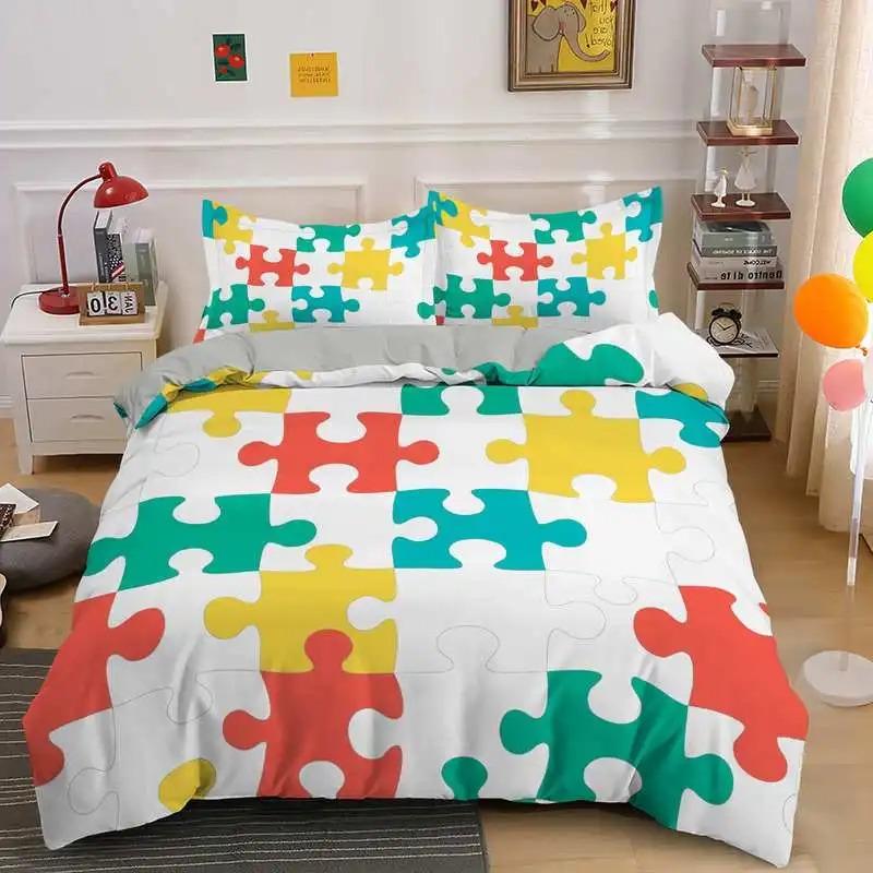3D Print Colorful Puzzle Duvet Cover King Queen Geometric Figure Quilt Cover Simple Polyester Bedding Set for Kids Boys Girls