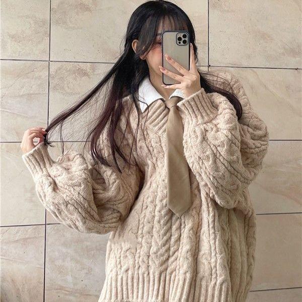 Dámský podzimní a zimní svetr v korejském stylu, volný, zesílený, s výstřihem do V, studentský, líný styl, retro topy