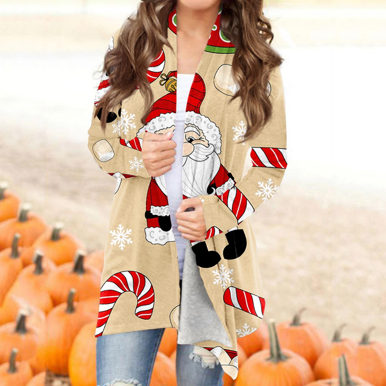 

Женская мода, повседневный рождественский принт, кардиган средней длины, куртка, пальто XXXL хаки